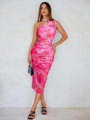 Floral Asymmetric One Shoulder Ruched Maxi Dress