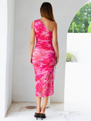 Floral Asymmetric One Shoulder Ruched Maxi Dress