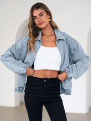 Classic Zip-Up Denim Bomber Jacket with Pockets