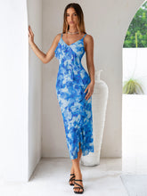 Floral V Neck Ruffle Mesh Maxi Dress with Slit