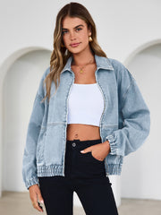Classic Zip-Up Denim Bomber Jacket with Pockets