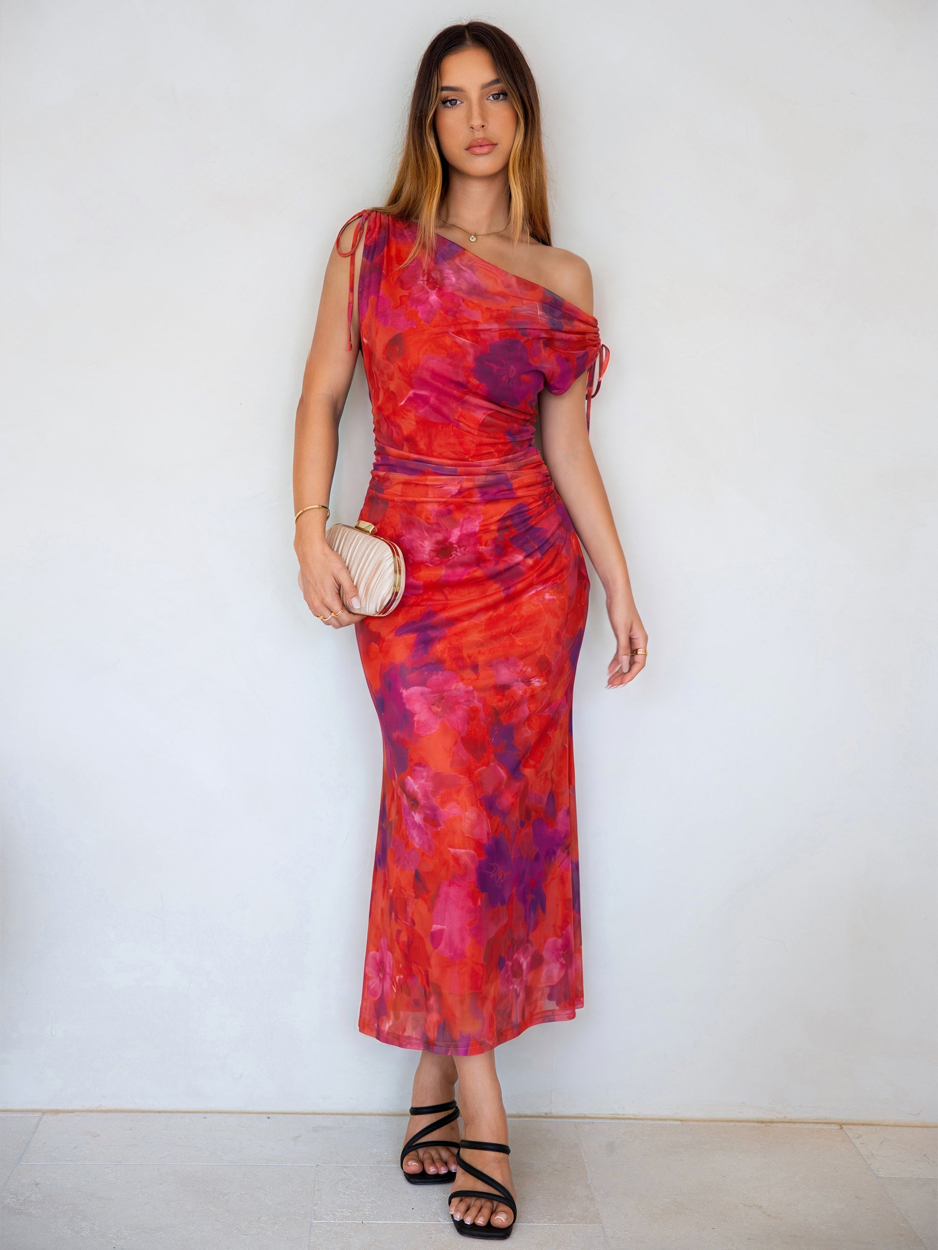 Floral Off Shoulder Mesh Bodycon Maxi Dress