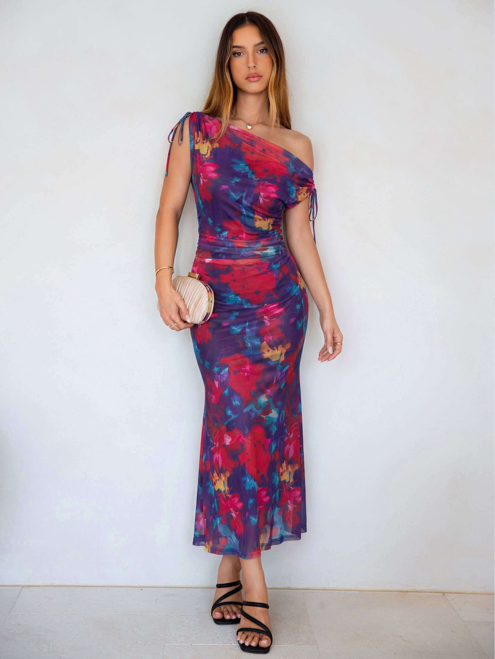 Floral Off Shoulder Mesh Bodycon Maxi Dress