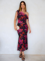 Floral Off Shoulder Mesh Bodycon Maxi Dress