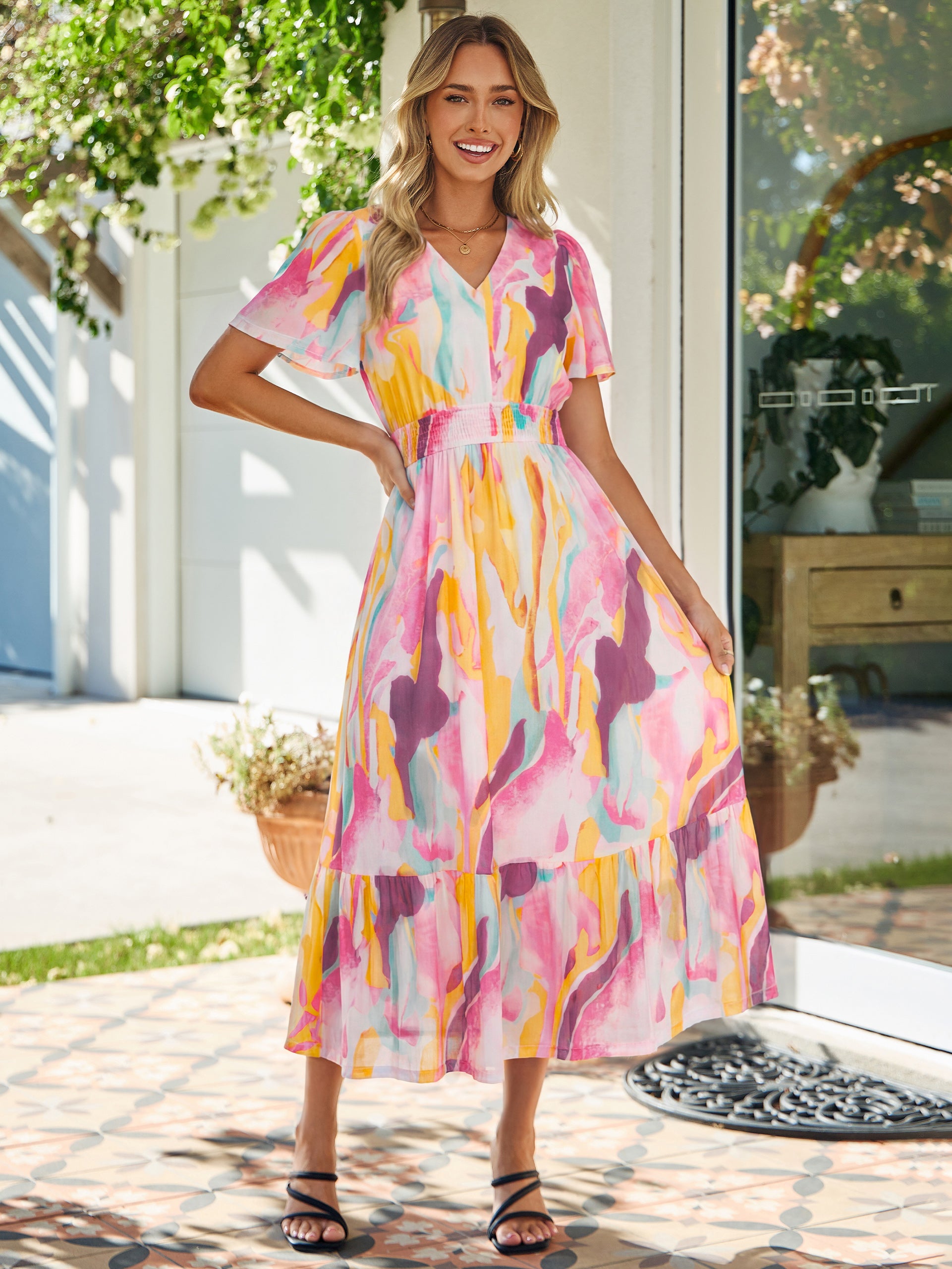 Floral V-Neck Wedding Guest Maxi Dress