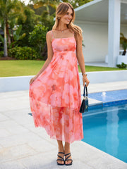 Floral Print Spaghetti Strap Mesh Maxi Dress