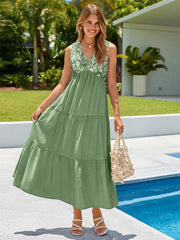 V-Neck Embroidered Tiered A-Line Maxi Dress