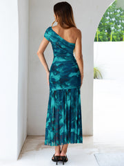 One Shoulder Floral Ruched Mesh Bodycon Dress