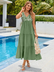 V-Neck Embroidered Tiered A-Line Maxi Dress