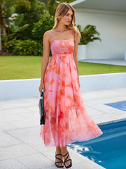 Floral Print Spaghetti Strap Mesh Maxi Dress