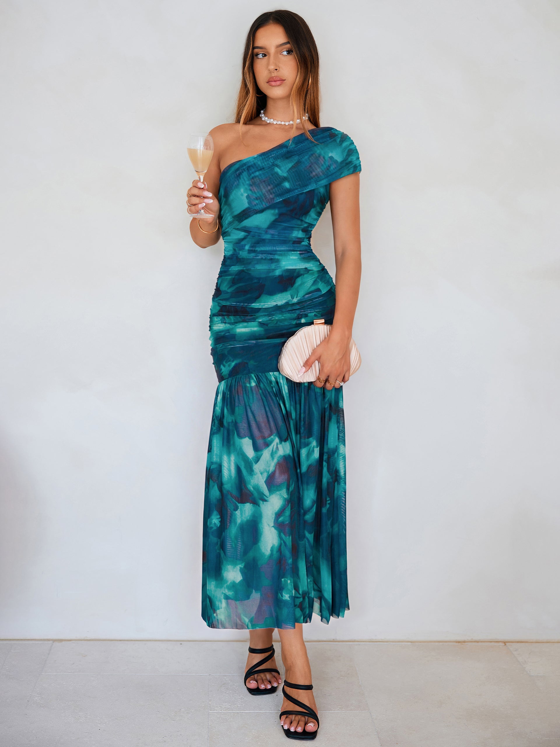 One Shoulder Floral Ruched Mesh Bodycon Dress