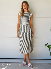 Striped Sleeveless Crew Neck A-Line Midi Dress
