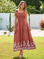 Floral Embroidery Smocked Tie Shoulder Maxi Dress