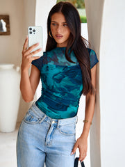 Floral Mock Neck Ruched Mesh Top