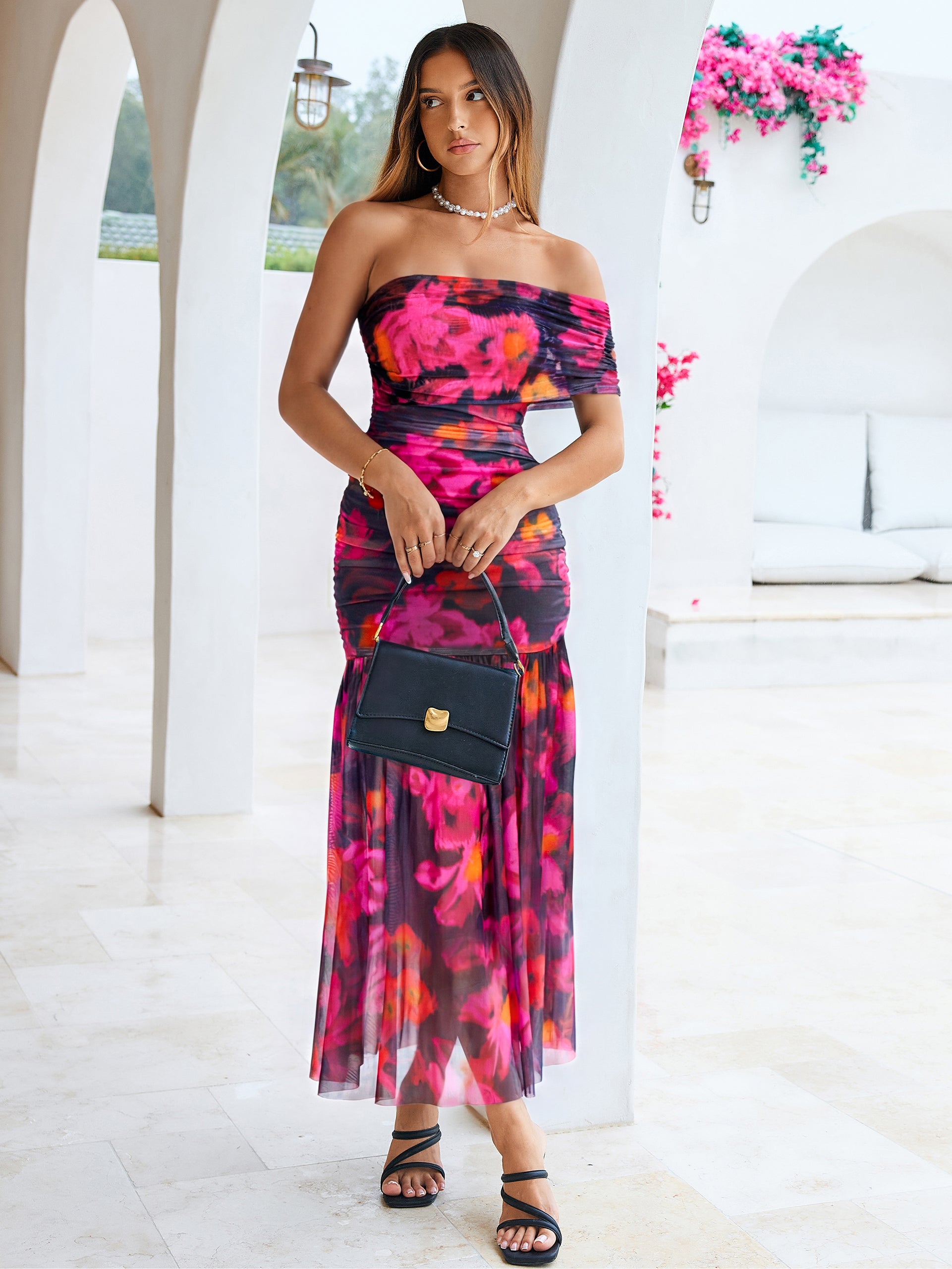 One Shoulder Floral Ruched Mesh Bodycon Dress