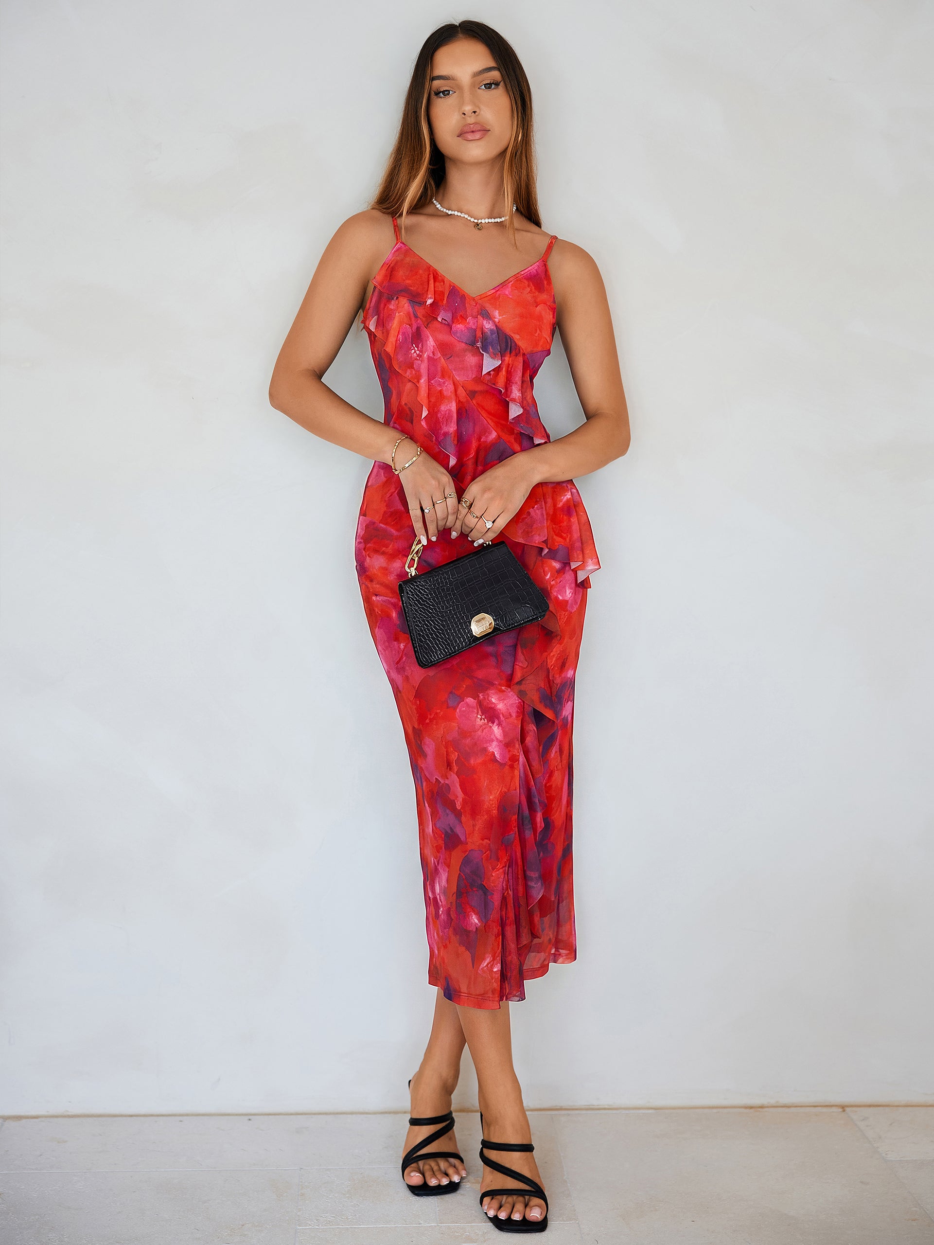 Floral V Neck Ruffle Mesh Maxi Dress with Slit