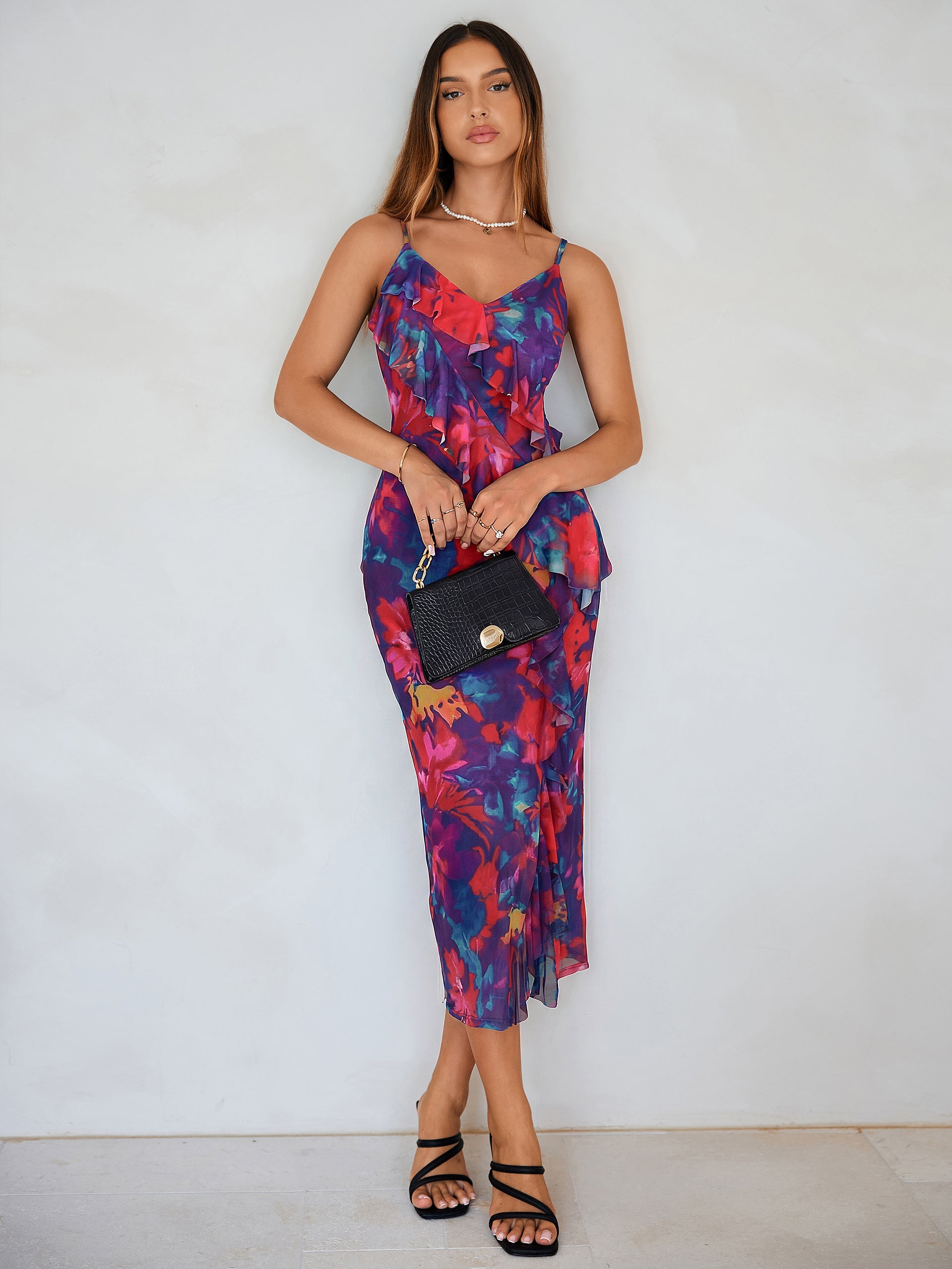 Floral V Neck Ruffle Mesh Maxi Dress with Slit