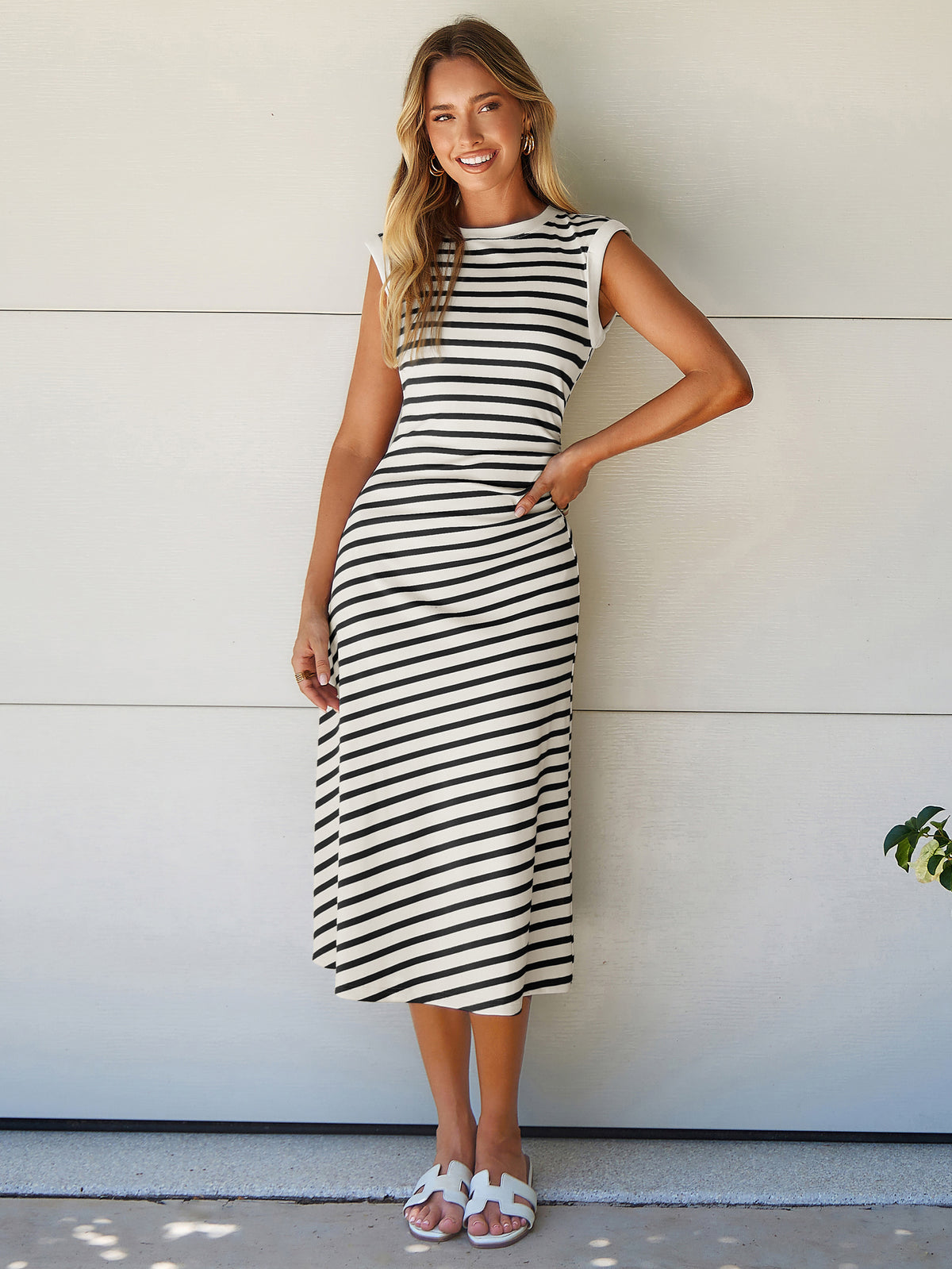 Striped Sleeveless Crew Neck A-Line Midi Dress