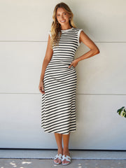 Striped Sleeveless Crew Neck A-Line Midi Dress
