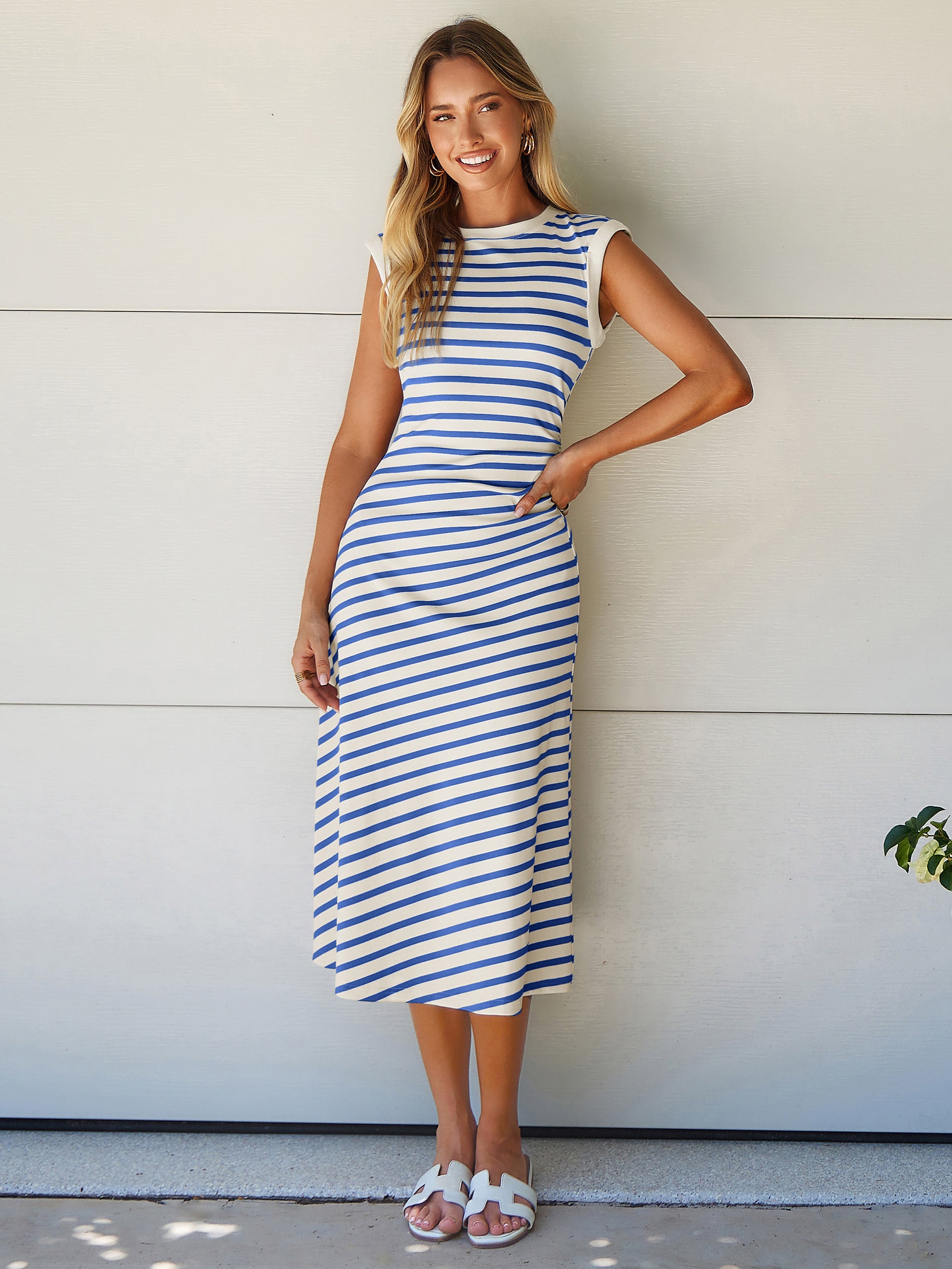Striped Sleeveless Crew Neck A-Line Midi Dress