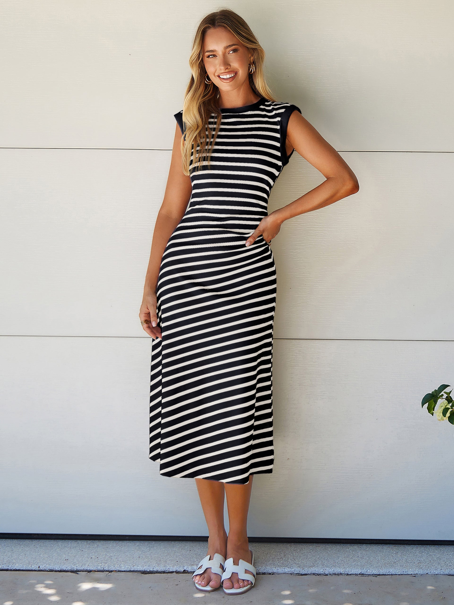 Striped Sleeveless Crew Neck A-Line Midi Dress