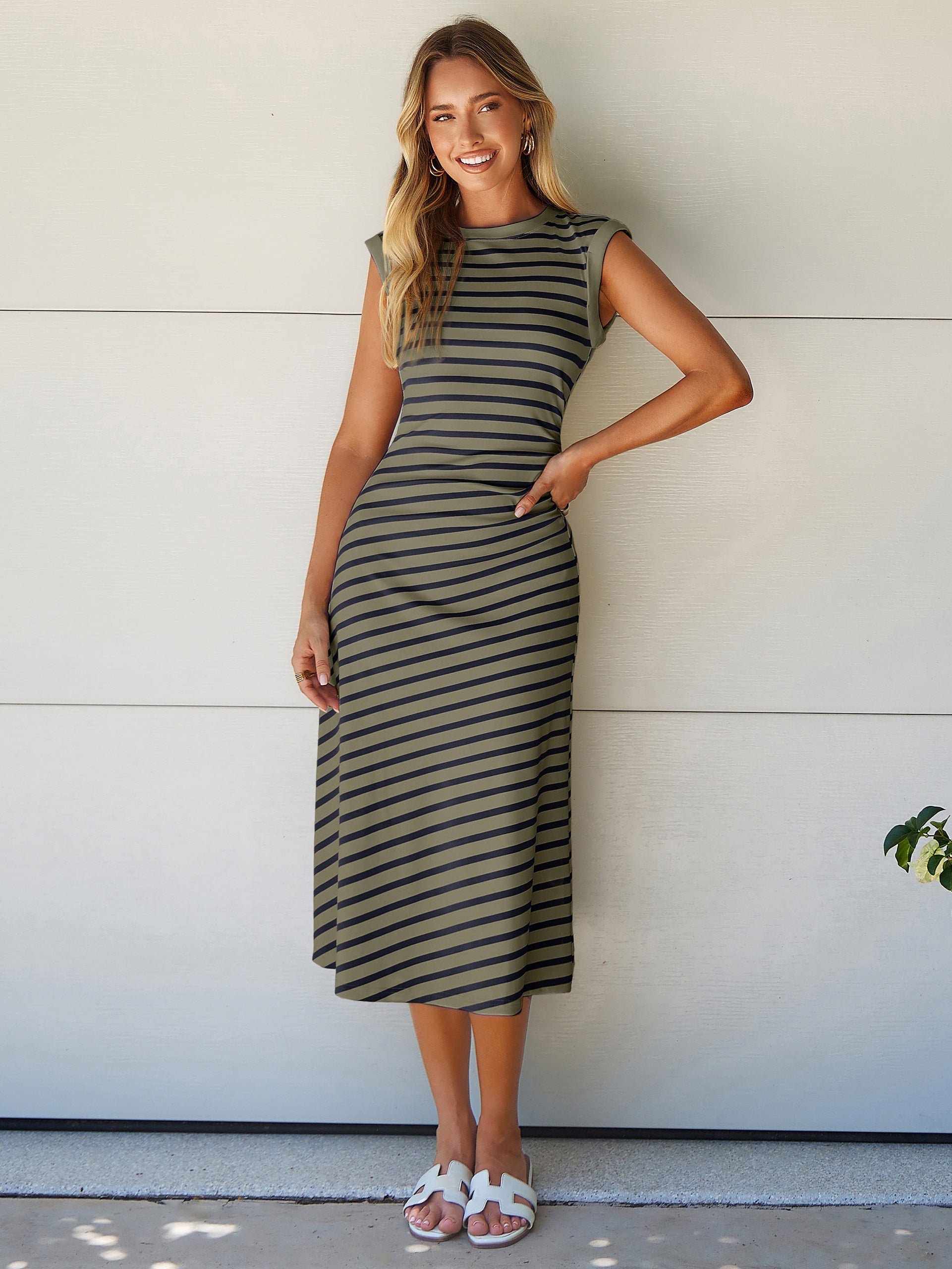 Striped Sleeveless Crew Neck A-Line Midi Dress