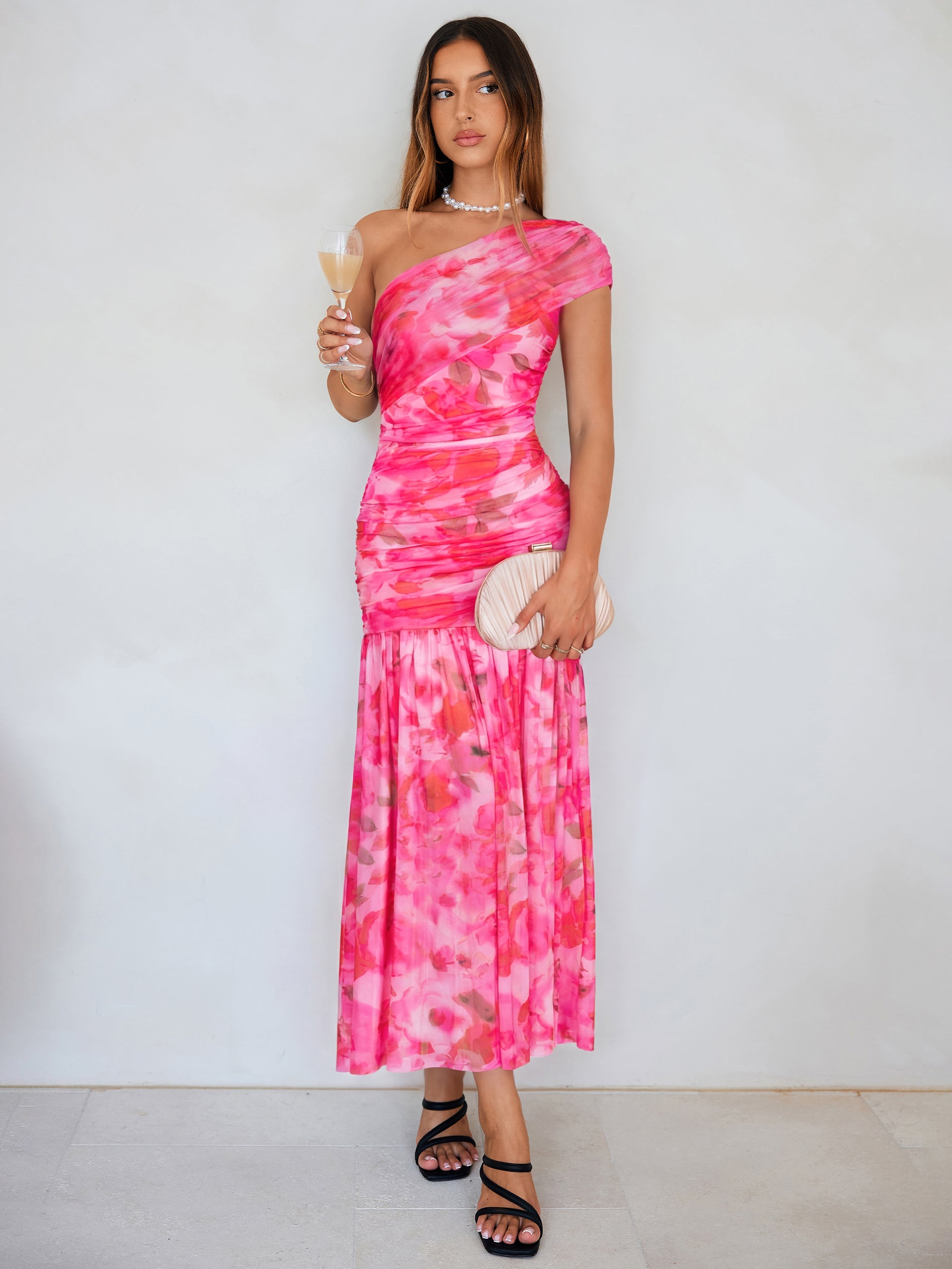 One Shoulder Floral Ruched Mesh Bodycon Dress