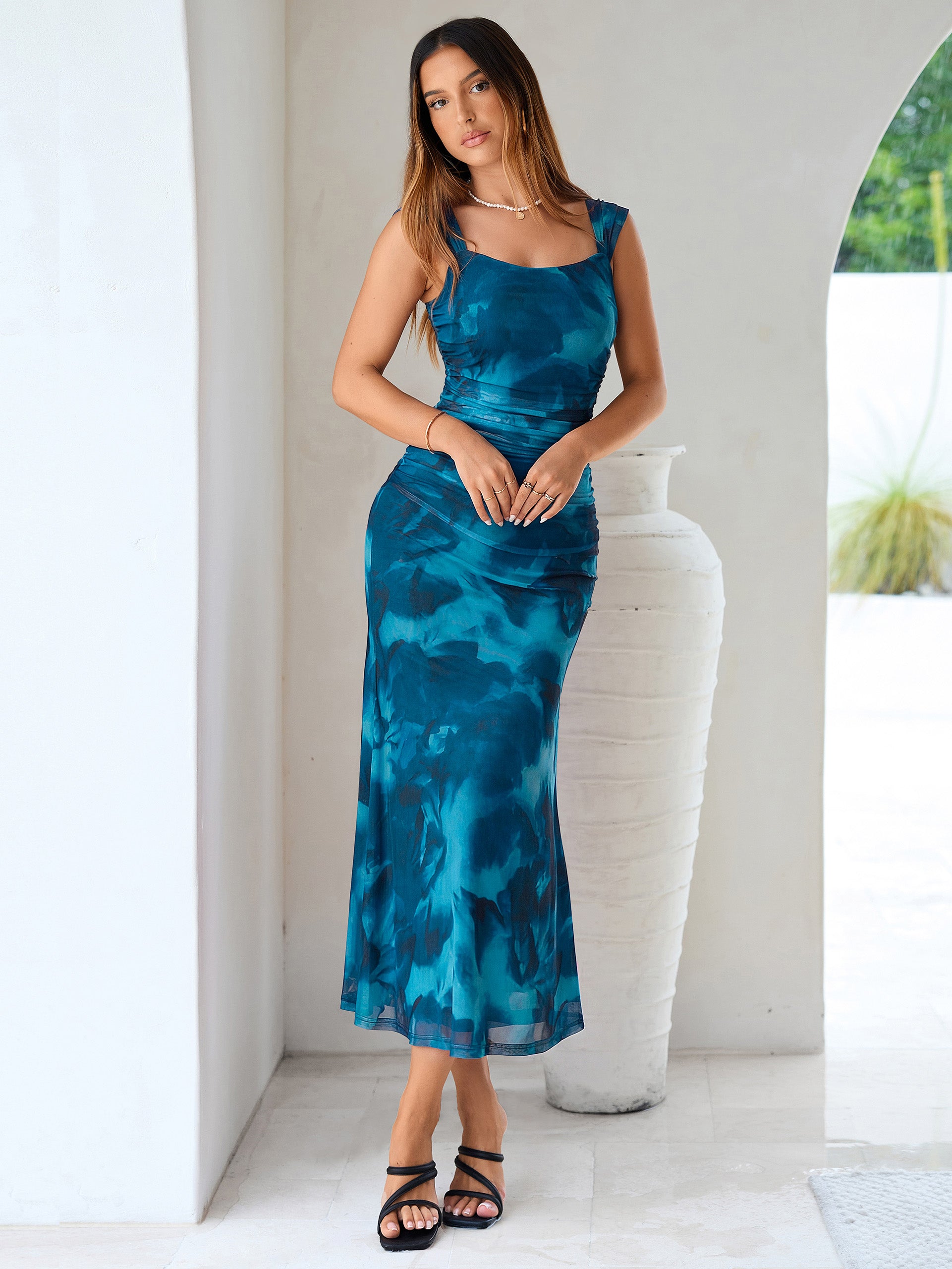 Floral Square Neck Ruched Mesh Bodycon Dress