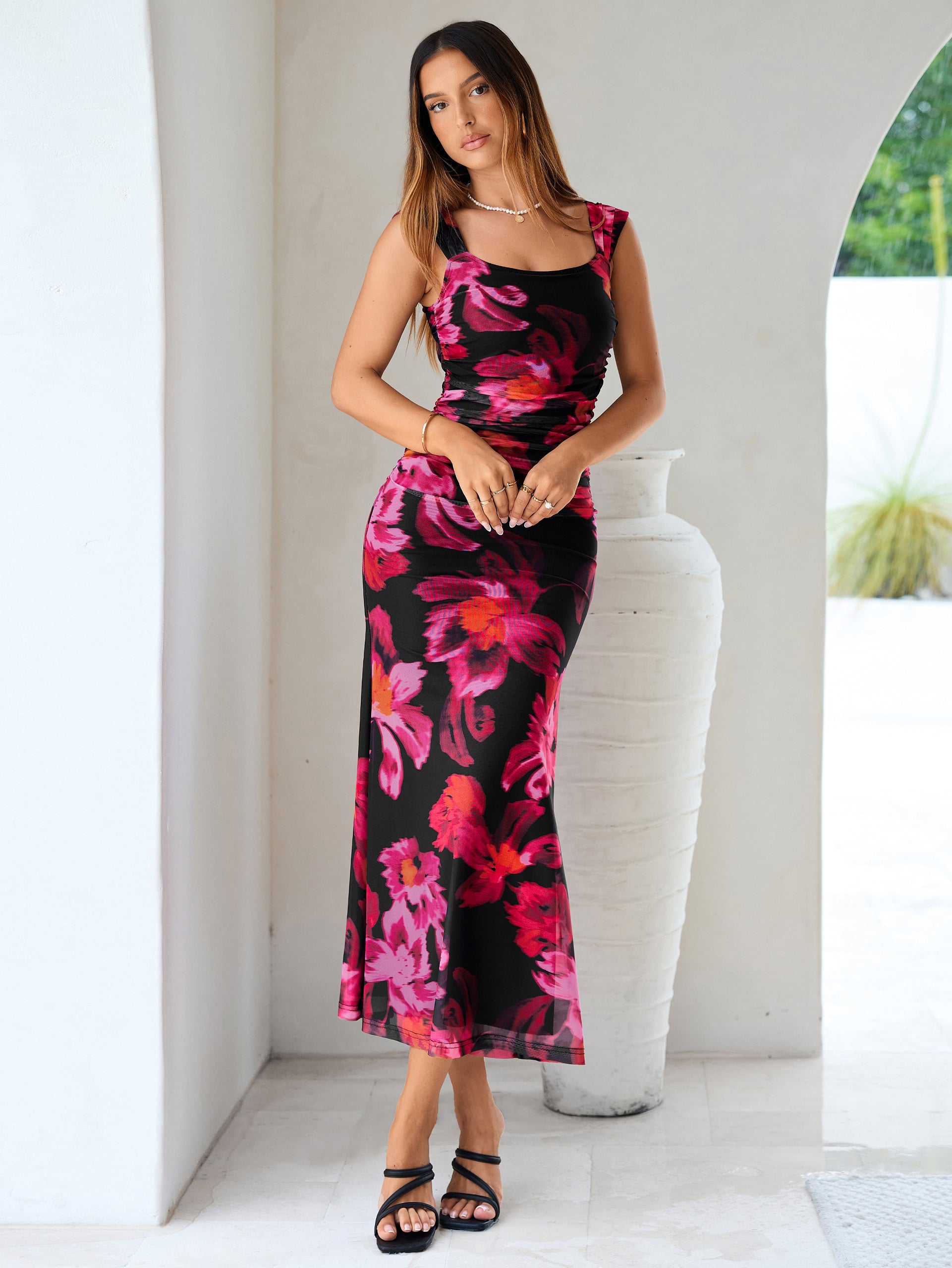 Floral Square Neck Ruched Mesh Bodycon Dress