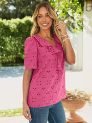 Eyelet Embroidery V-Neck Ruffle Trim Top