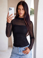 Solid Mock Neck Ruched Mesh Long Sleeve Top
