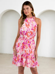 Floral Halter Neck Ruffle Hem Chiffon Mini Dress