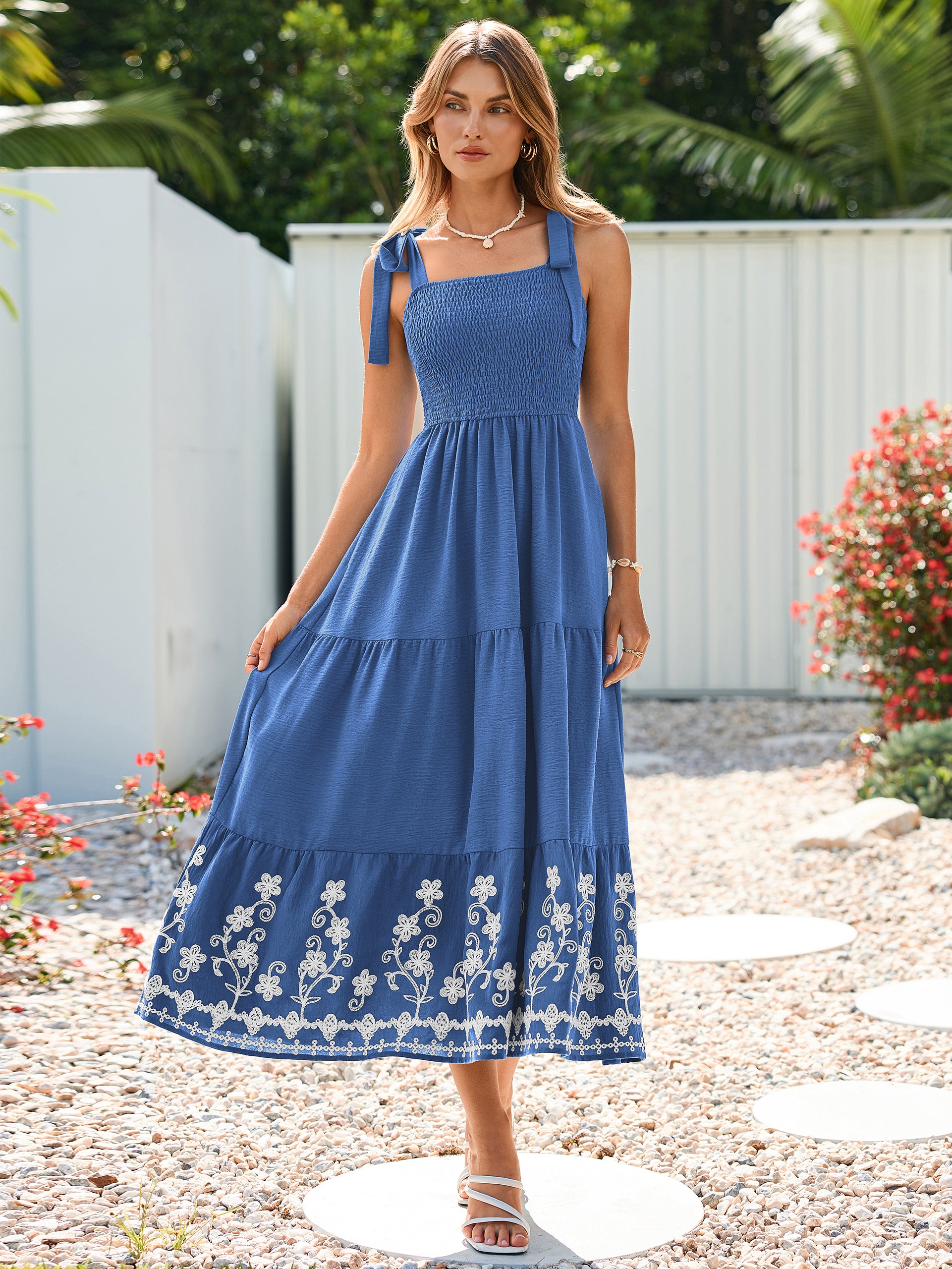 Floral Embroidery Smocked Tie Shoulder Maxi Dress