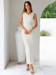 Cowl Neck Floral Jacquard Ruched Maxi Dress