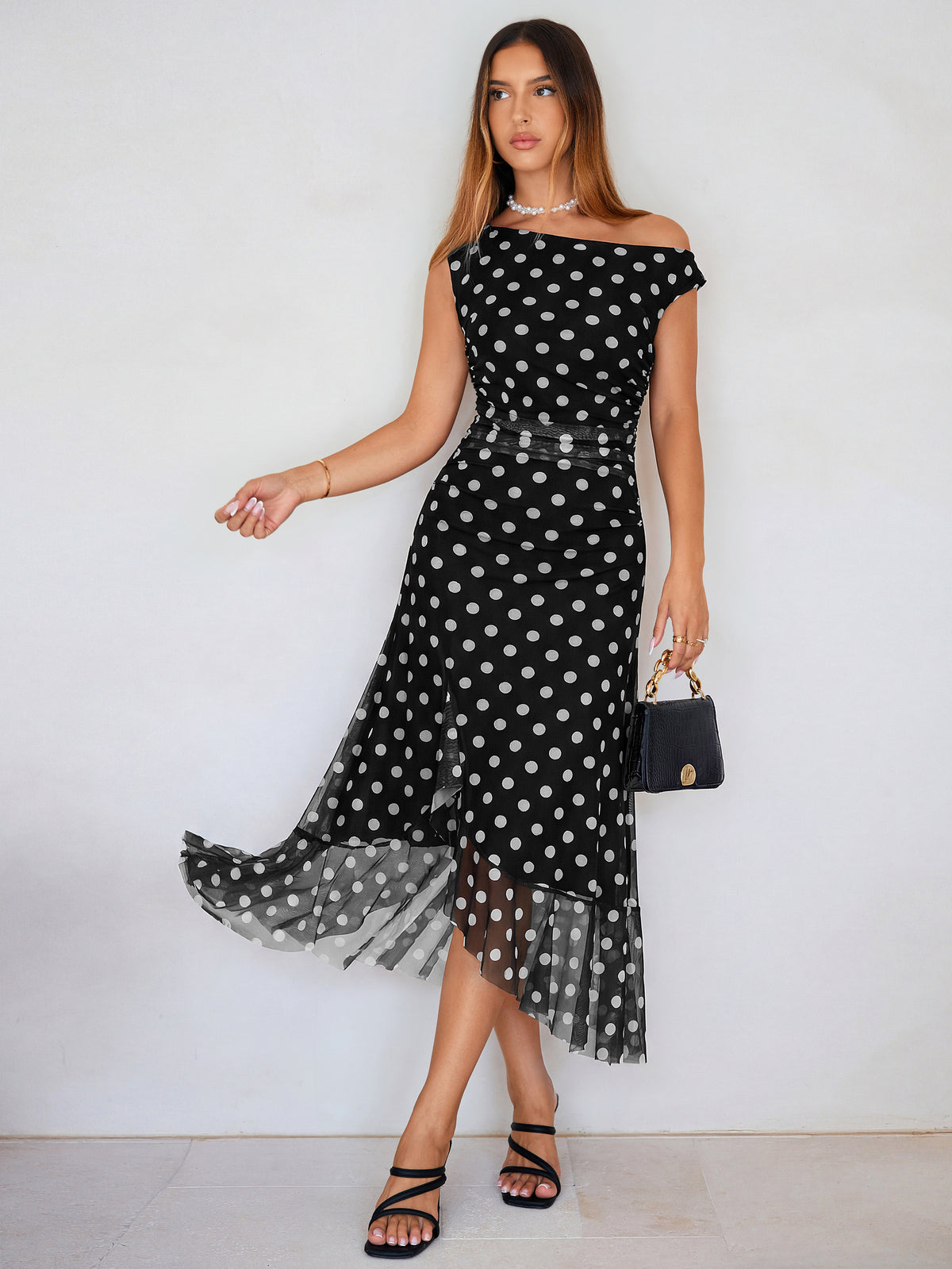One-Shoulder Polka Dot Ruffle Midi Dress