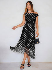 One-Shoulder Polka Dot Ruffle Midi Dress