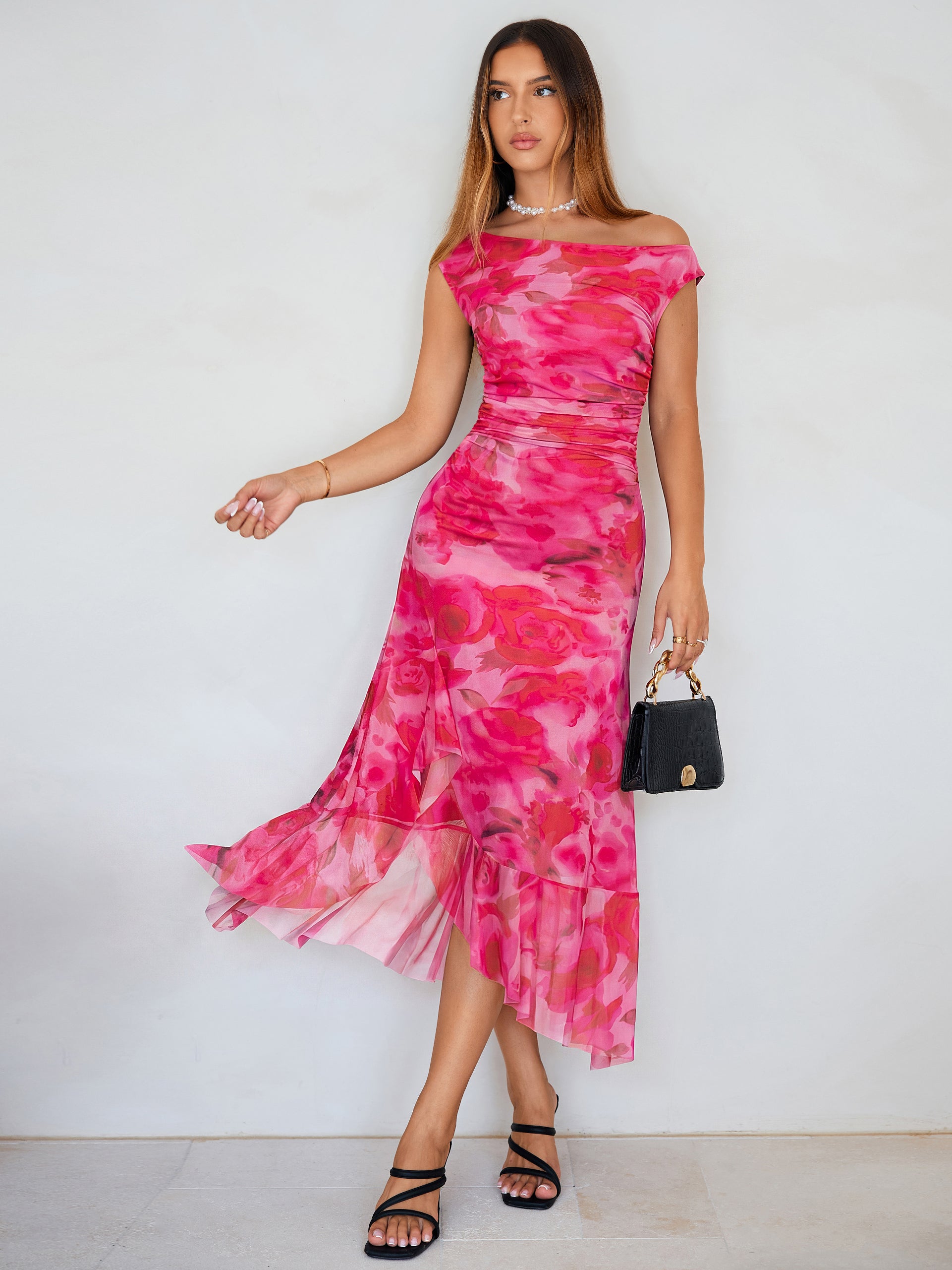 Floral One-Shoulder Mesh Ruched Midi Dress