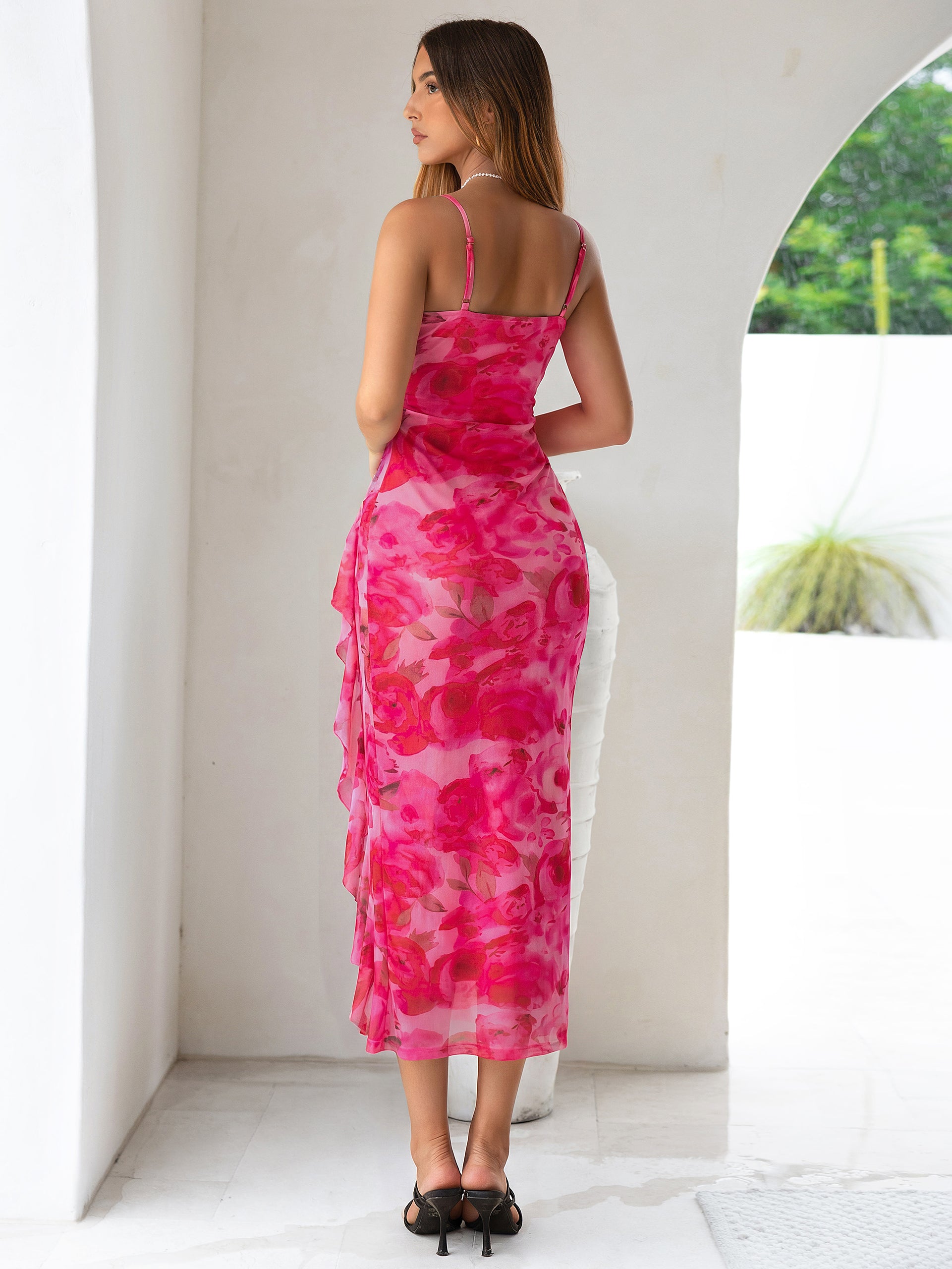 Floral V Neck Ruffle Mesh Maxi Dress with Slit