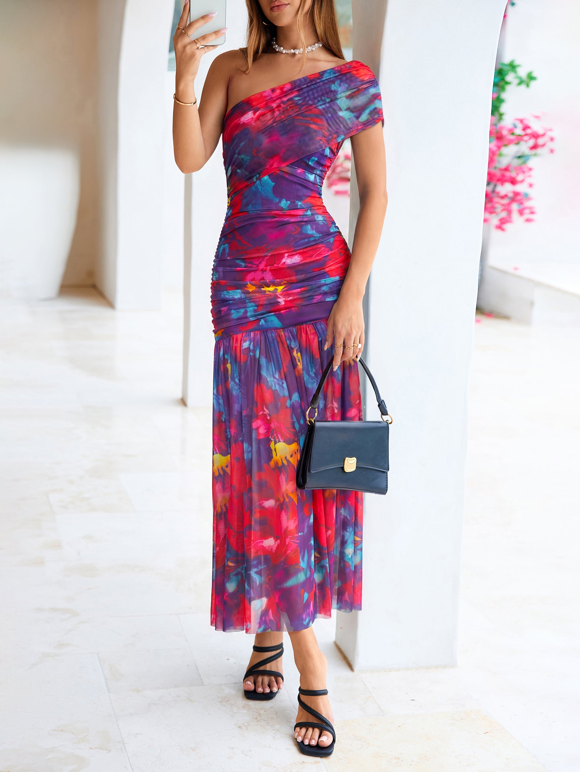 One Shoulder Floral Ruched Mesh Bodycon Dress