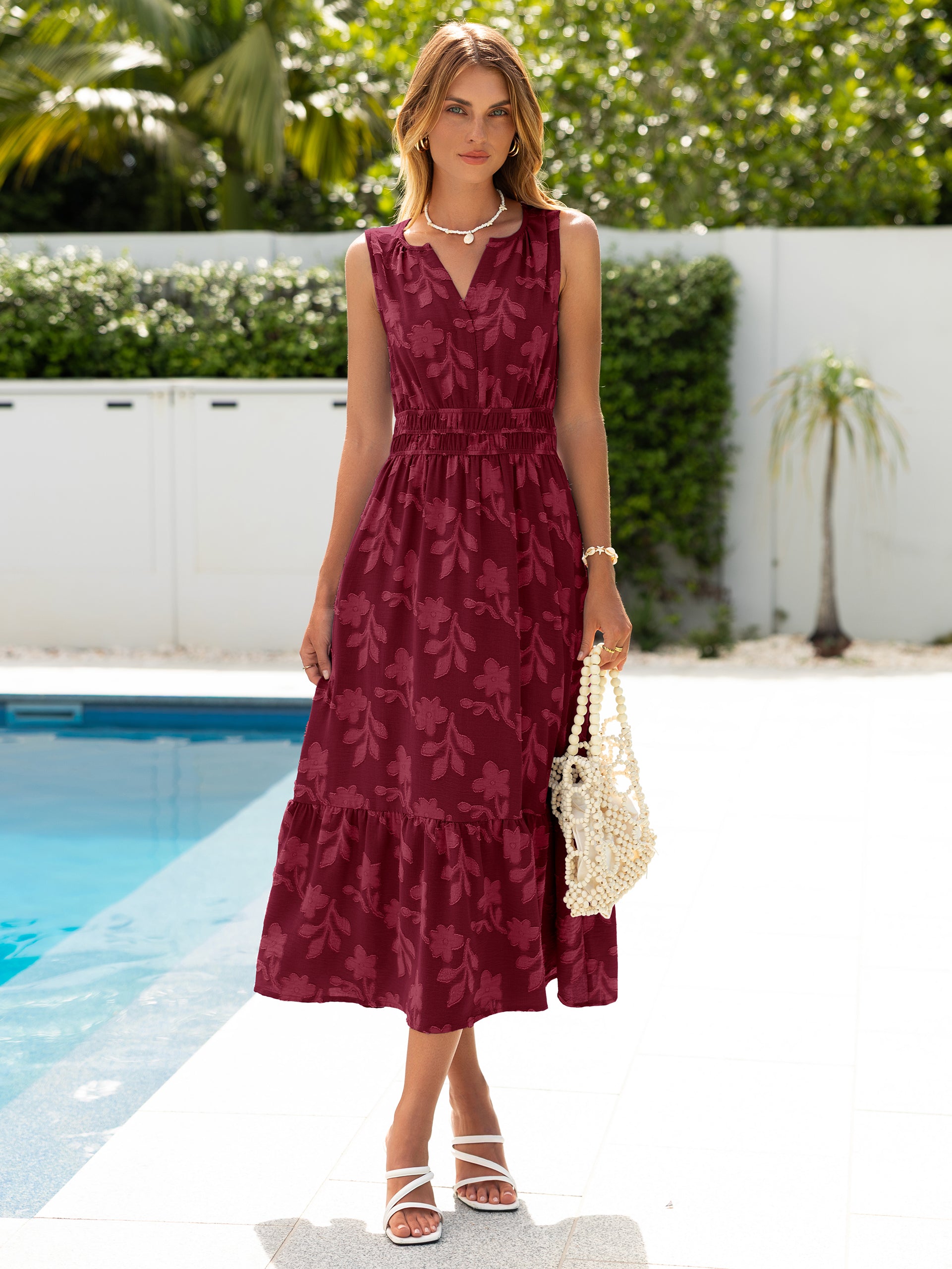 Floral Jacquard V Neck Sleeveless Maxi Dress