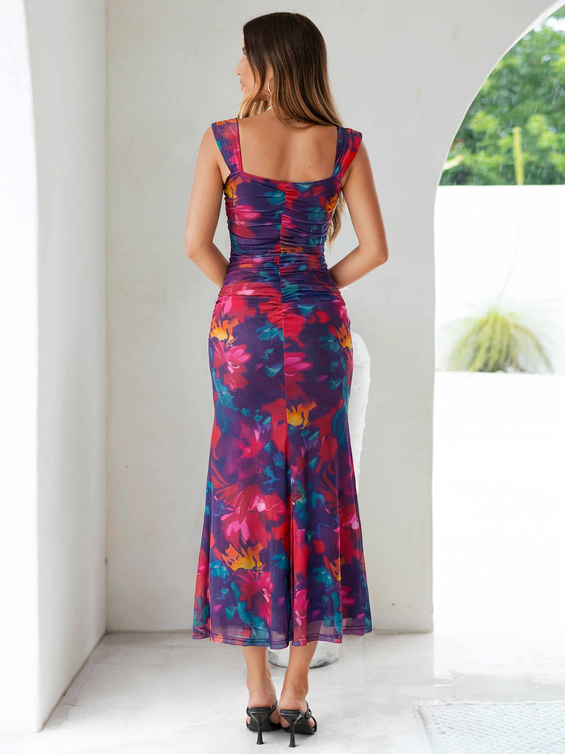 Floral Square Neck Ruched Mesh Bodycon Dress