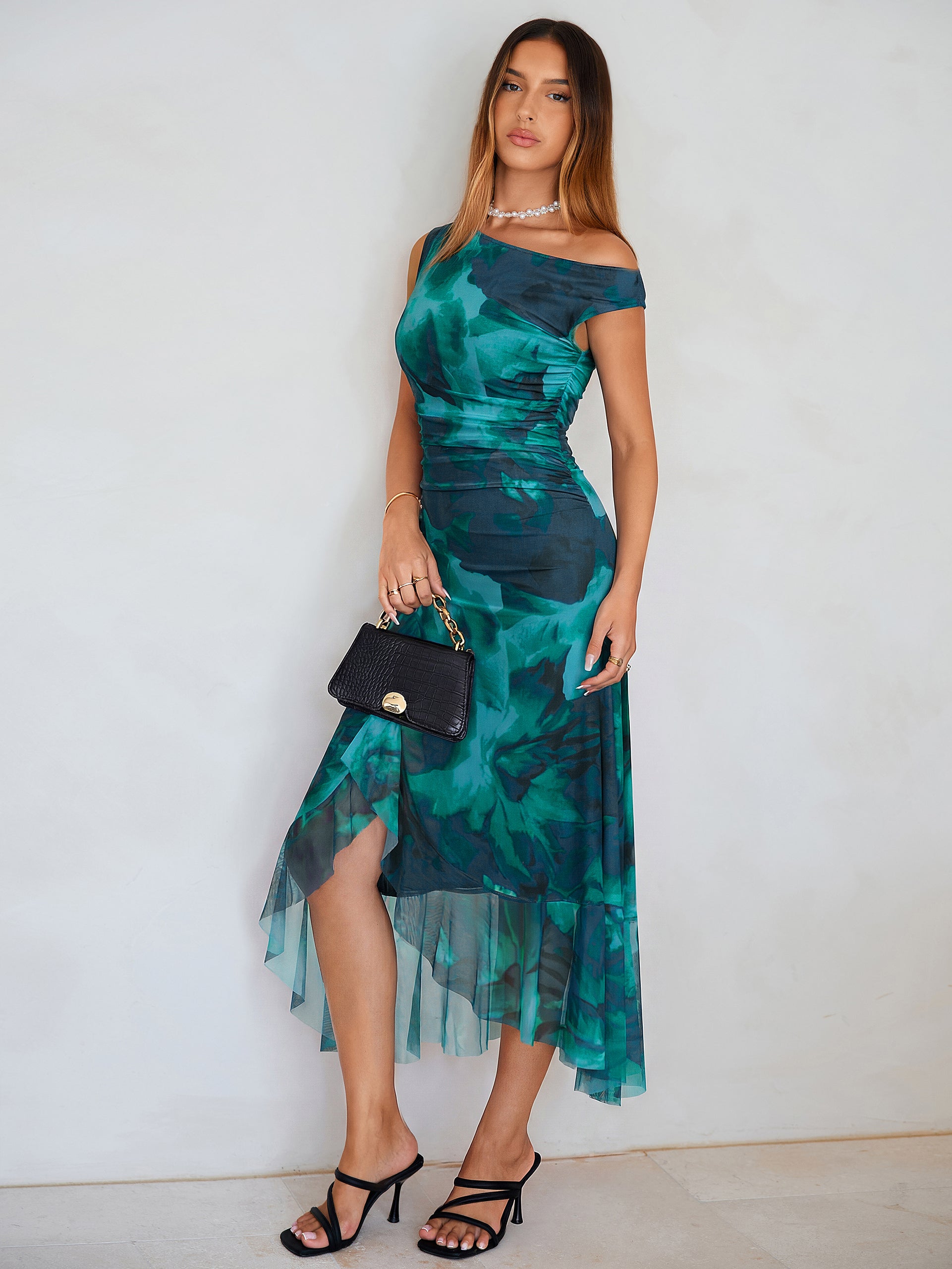 Floral One-Shoulder Mesh Ruched Midi Dress