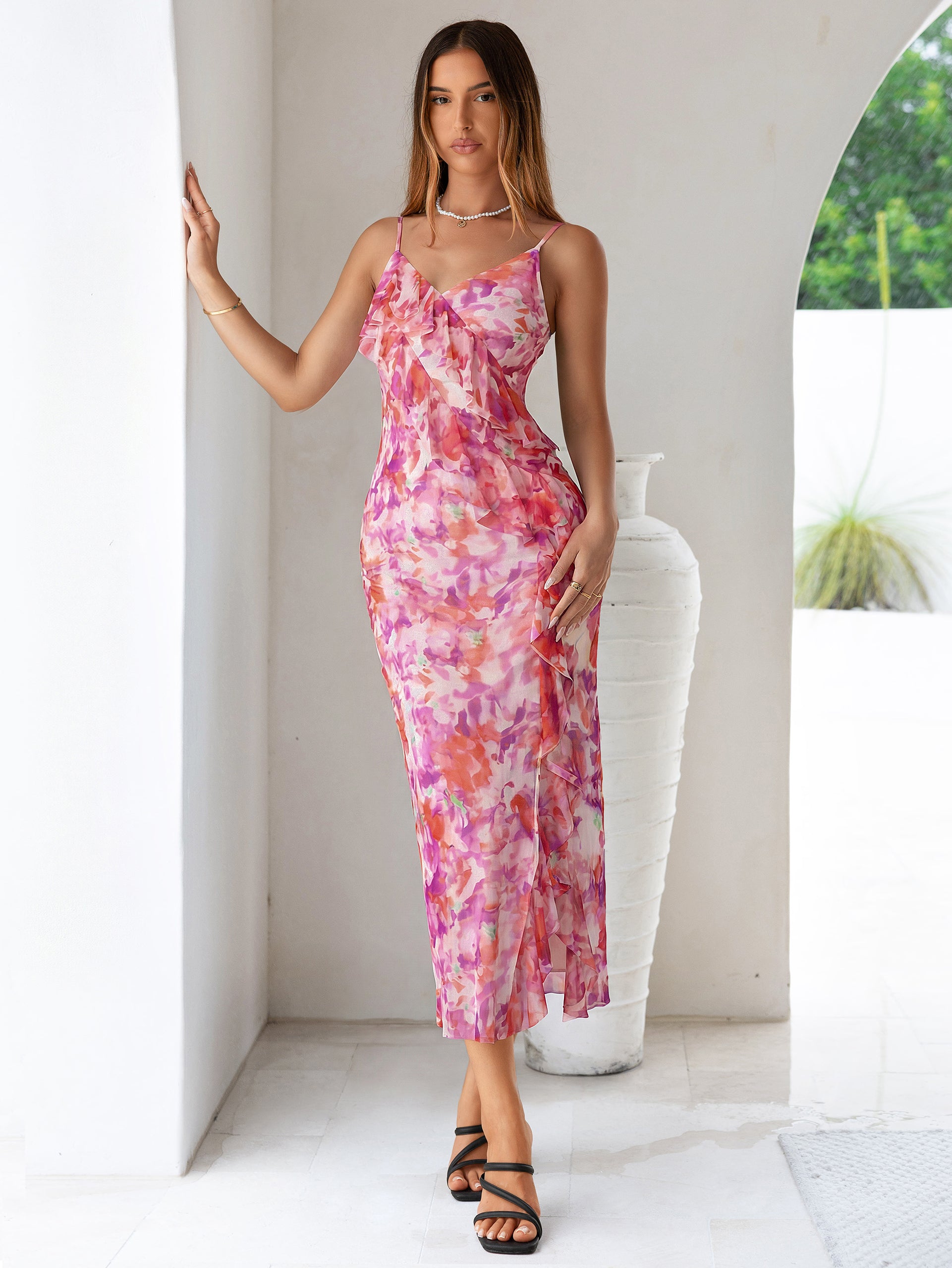 Floral V Neck Ruffle Mesh Maxi Dress with Slit