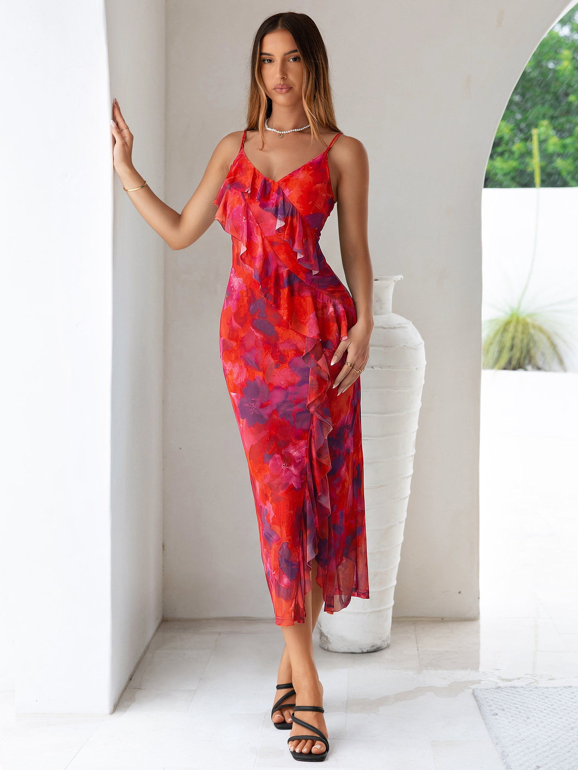 Floral V Neck Ruffle Mesh Maxi Dress with Slit