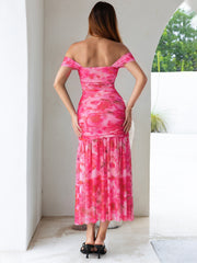 Floral Off Shoulder Ruched Mesh Maxi Dress