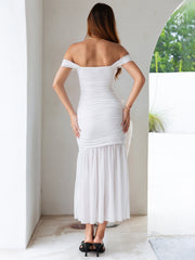 Off Shoulder Ruched Mesh Maxi Dress