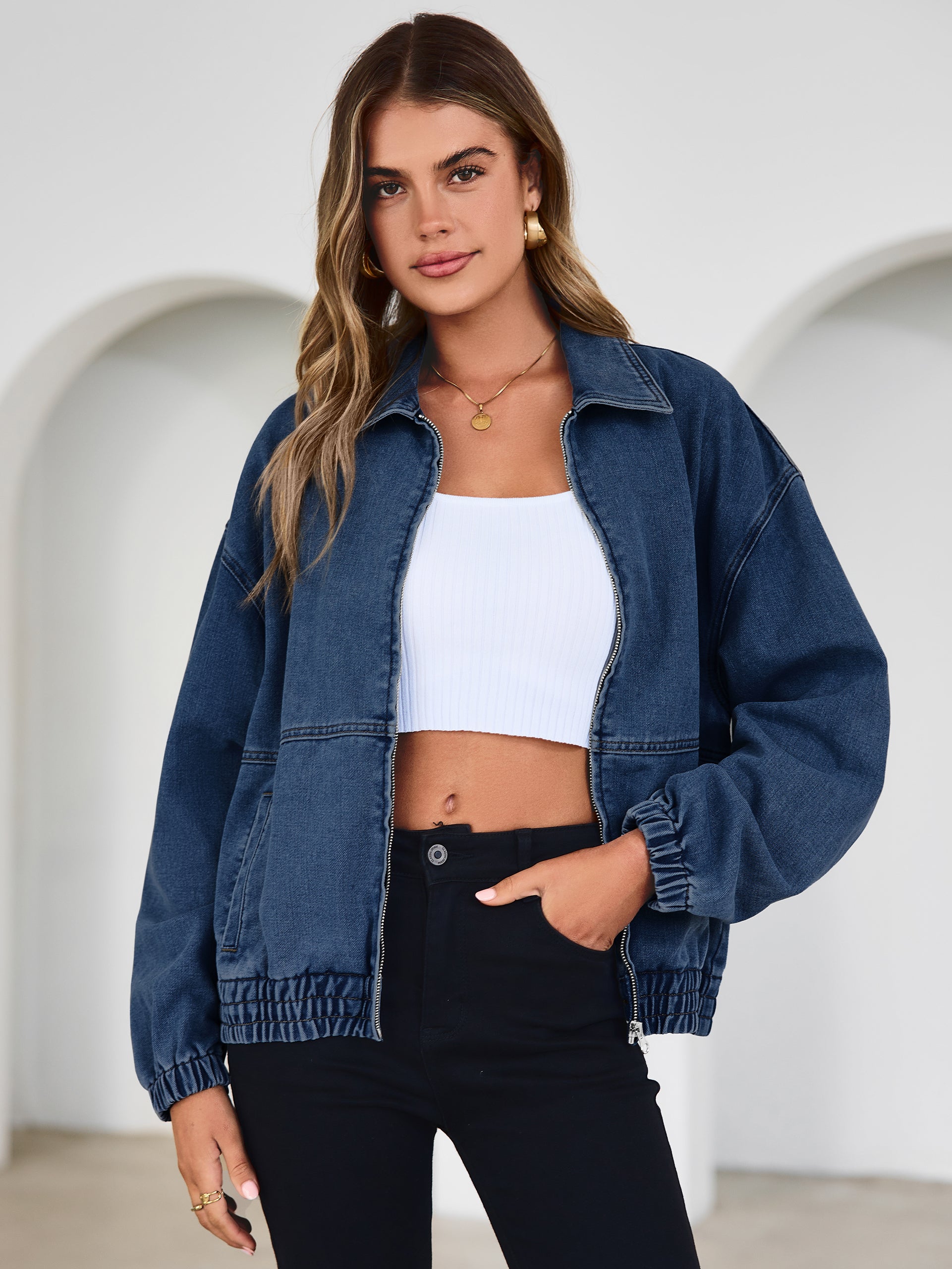 Classic Zip-Up Denim Bomber Jacket with Pockets