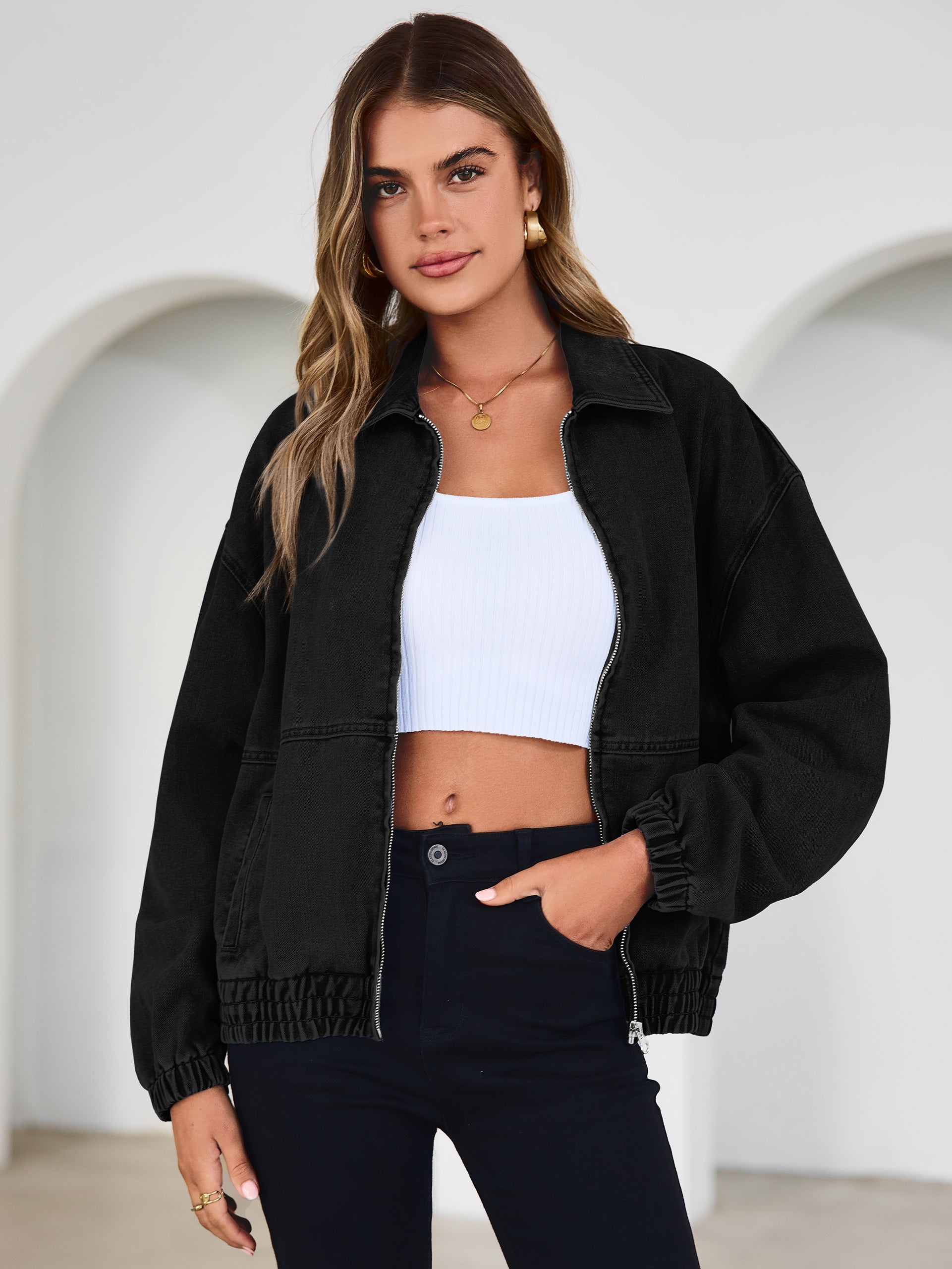 Classic Zip-Up Denim Bomber Jacket with Pockets