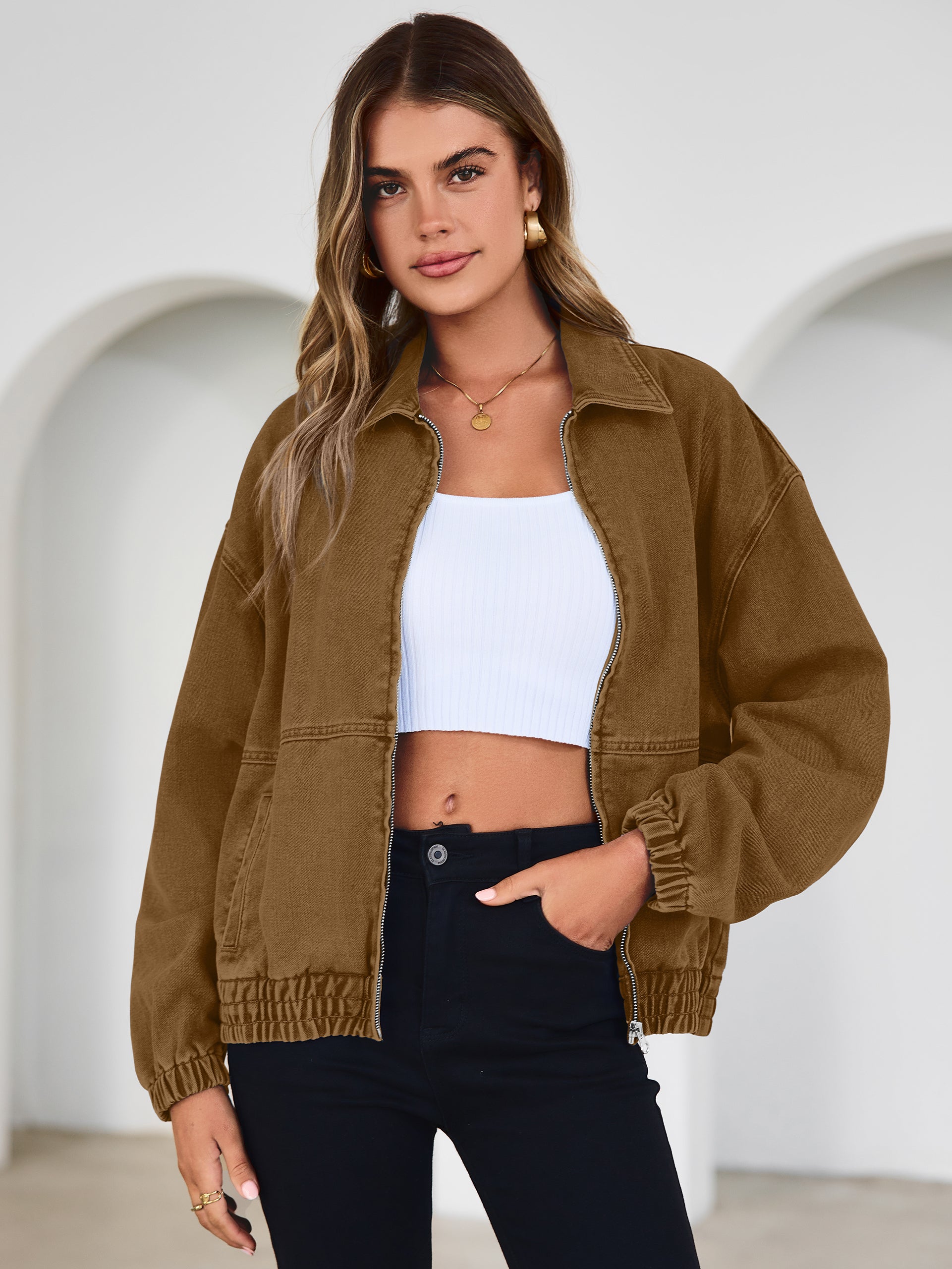 Classic Zip-Up Denim Bomber Jacket with Pockets