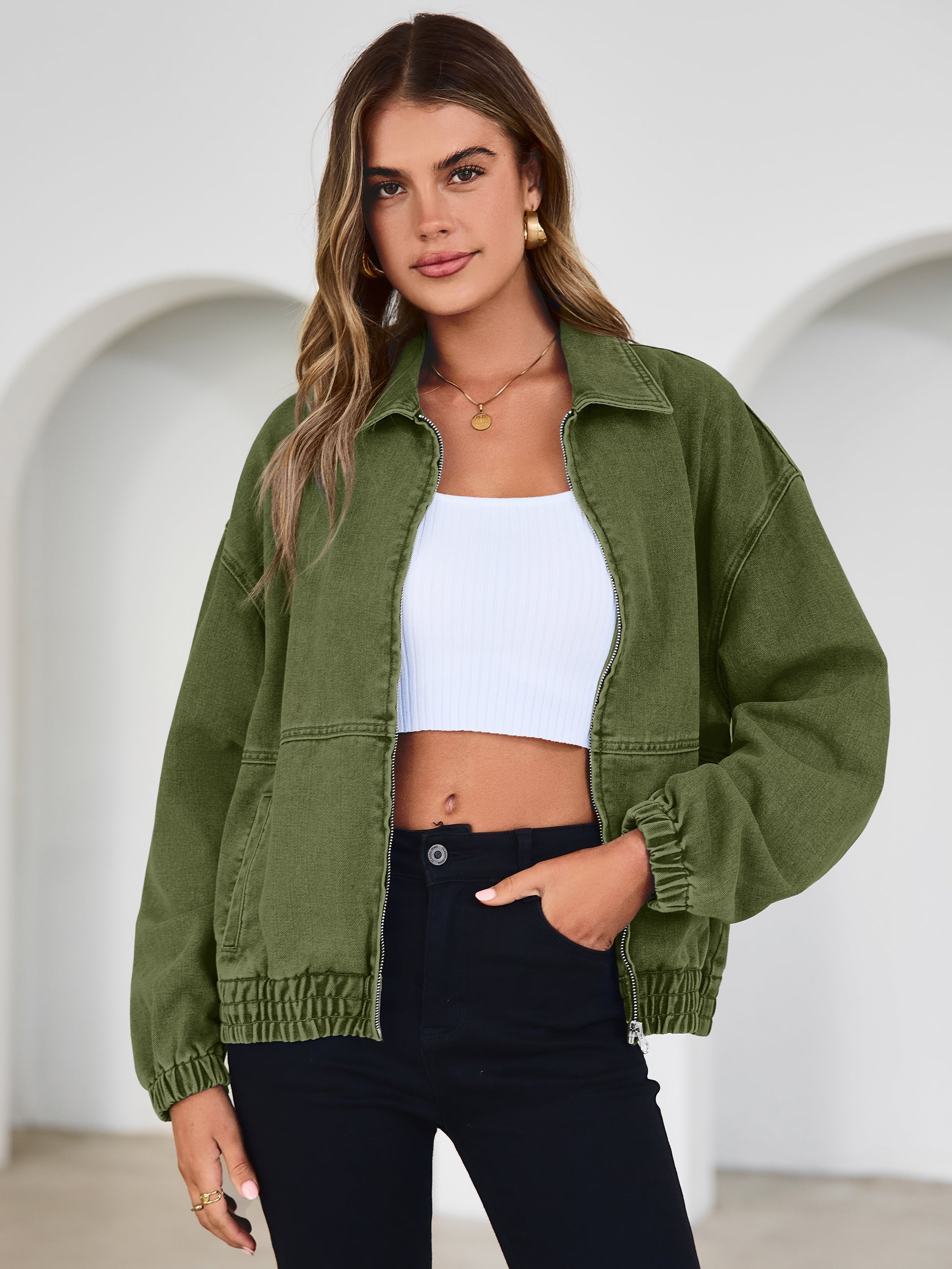 Classic Zip-Up Denim Bomber Jacket with Pockets